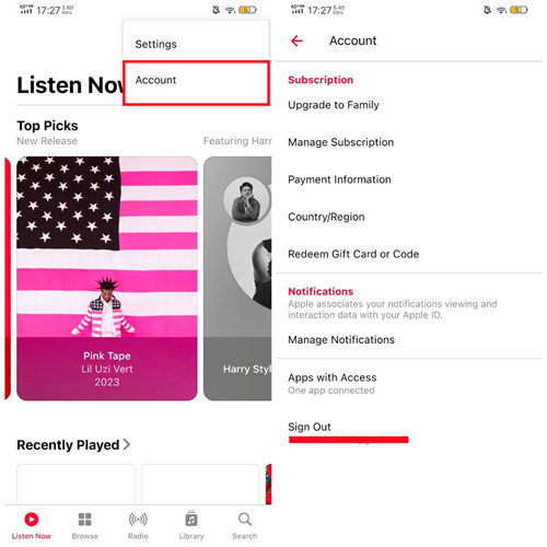 android apple music 帳號登出