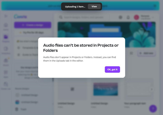 canva 音訊檔案可以儲存在專案或資料夾訊息中