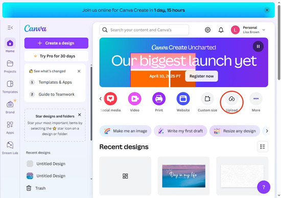 canva 儀表板上傳