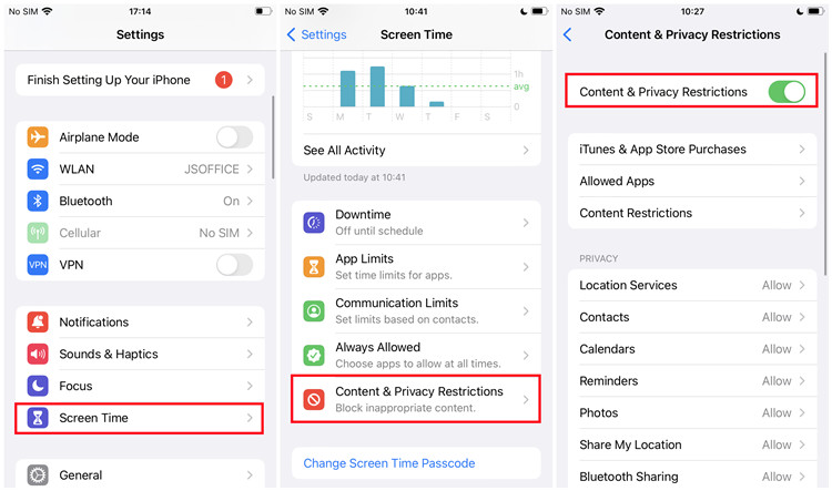 ios 螢幕時間內容和隱私限制已關閉