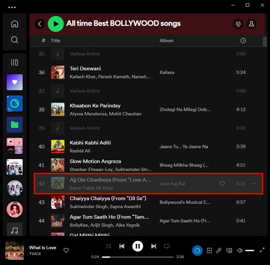 spotify 桌面上的寶萊塢歌曲顯示為灰色