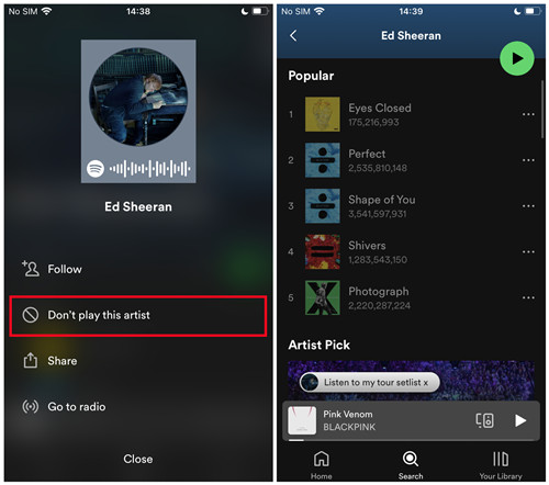spotify 行動版封鎖了藝人的歌曲