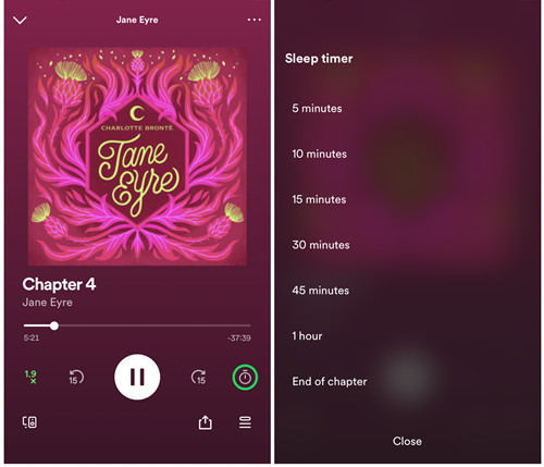 spotify 行動版為有聲書設定睡眠定時器